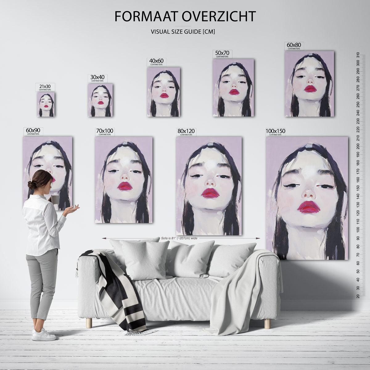 Portret met rode lippen – staande muurposter met sfeervolle illustratie