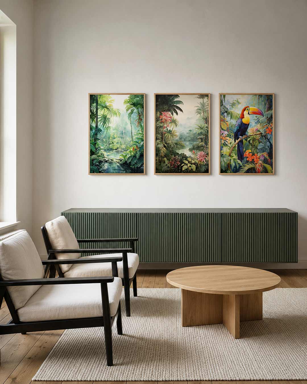 Groene jungle harmonie posterset – tweede productweergave – deze posterset in drie delen toont een weelderige jungle