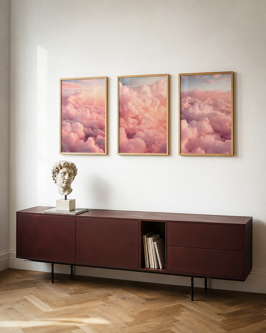 Zacht kleurenspel posterset – tweede productweergave – deze compositie toont een zee van roze en perzik wolken,