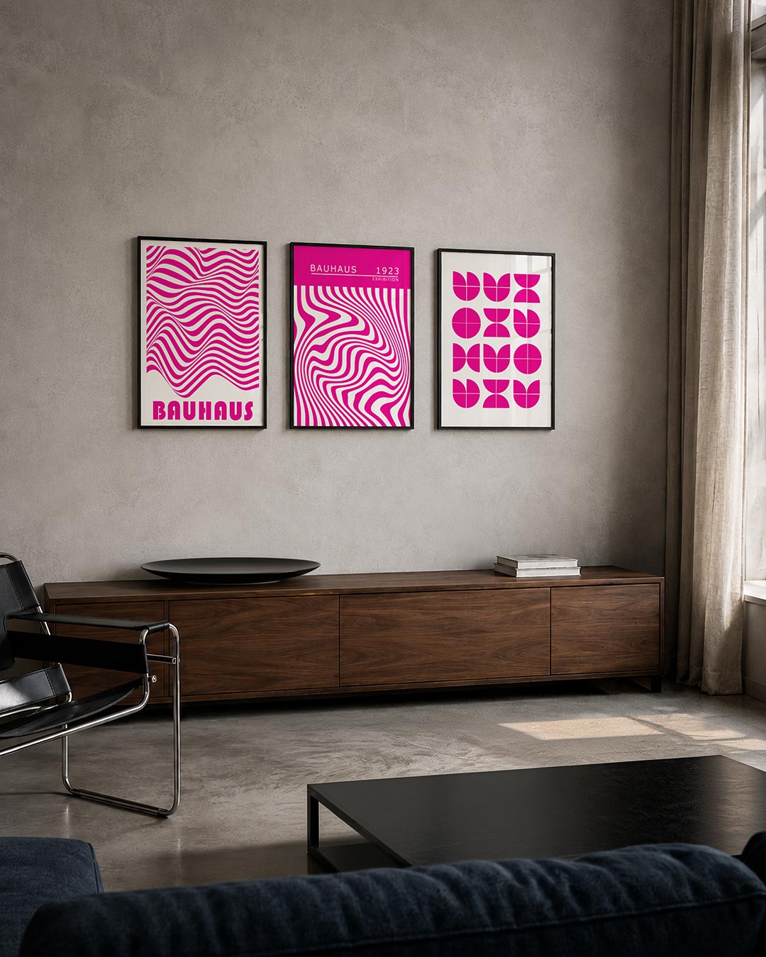Golvend lijnenspel driedelige posterset – deze posterset in drie delen toont vloeiende roze lijnen