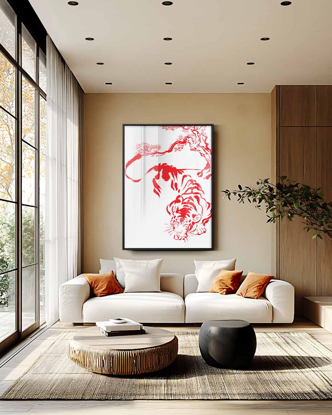 Rode tijger onder boom – plexiglas wanddecoratie in portret formaat