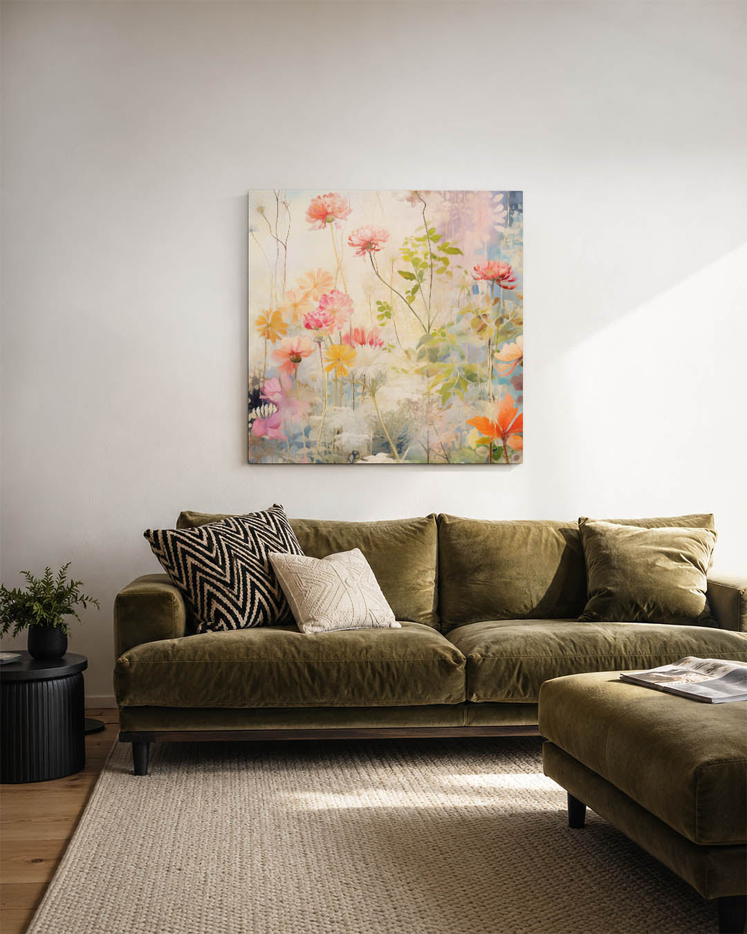 Bloemenpracht kunstwerk – sfeerbeeld – dit kunstwerk toont een levendige verzameling bloemen in zachte tinten, met een