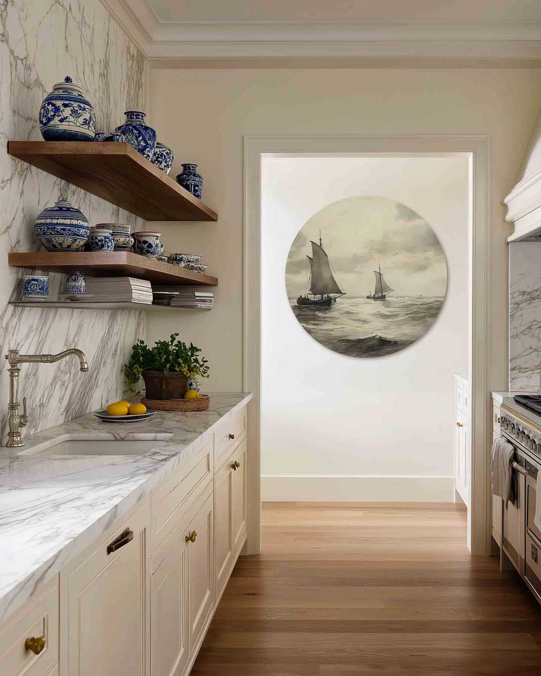 Zeilboten op zee – moderne abstracte muurcirkel voor aan de muur