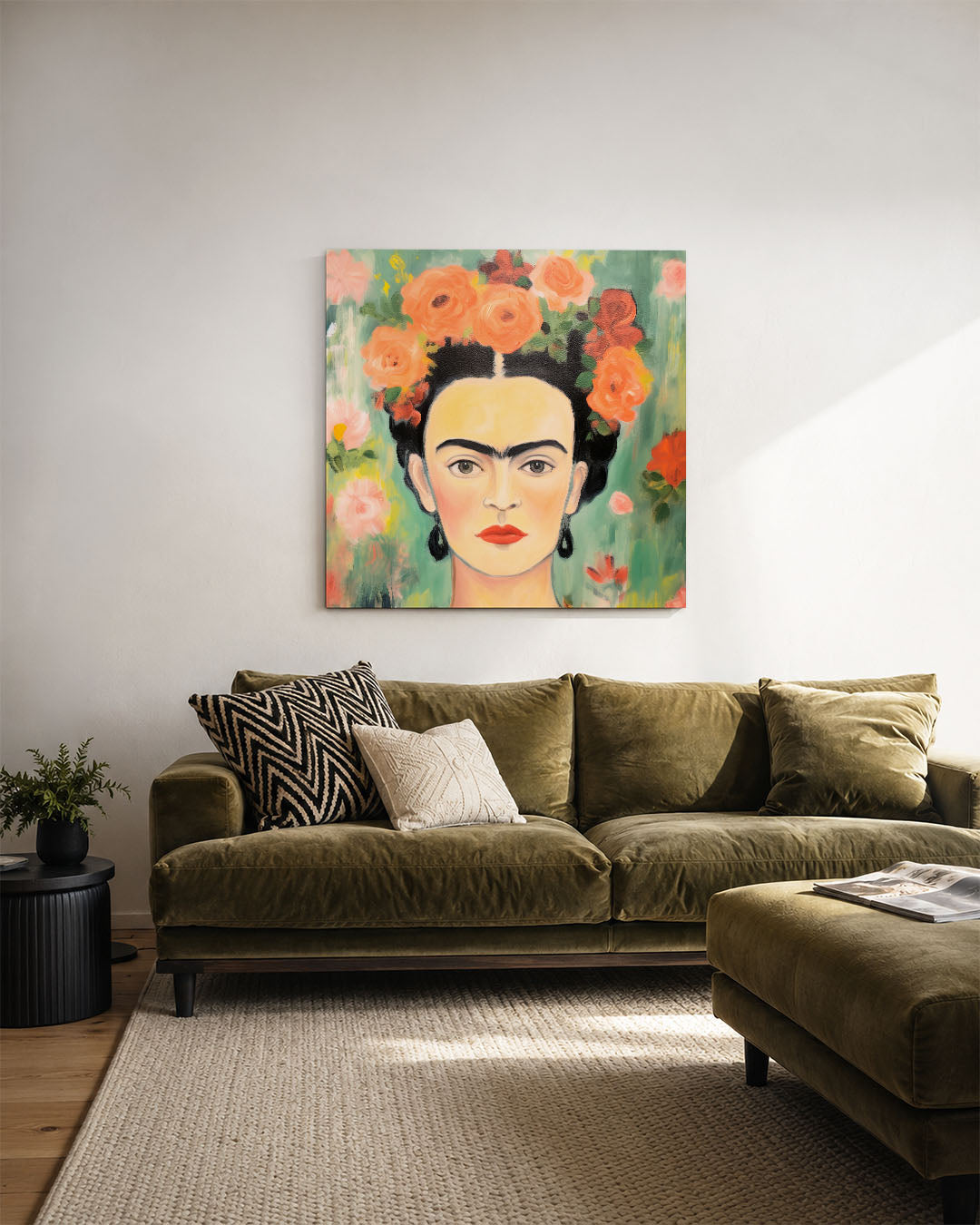 Bloemrijke portret kunstwerk – derde productweergave – dit kunstwerk toont een centraal geplaatst gezicht omringd door