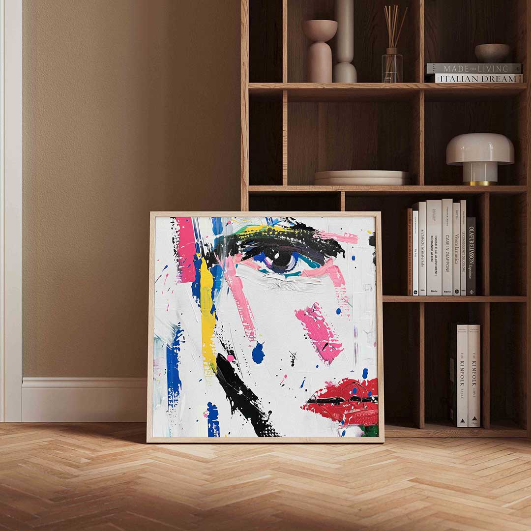 Abstract gezicht – kleurrijke vierkante wanddecoratie van WallArtistic