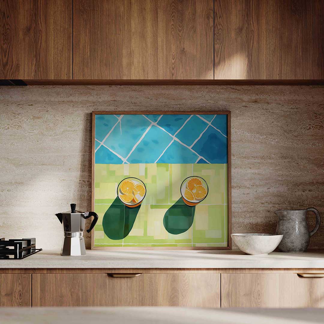 Twee glazen met sinaasappels – culinaire wandkunst als vierkante poster