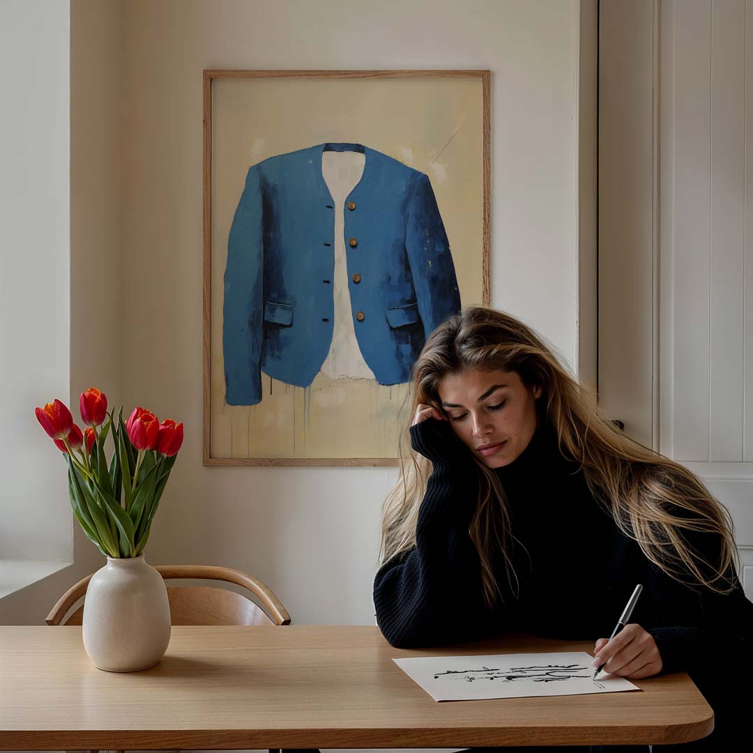 Blauwe Blazer Kunstposter – staande muurposter met abstracte vormen