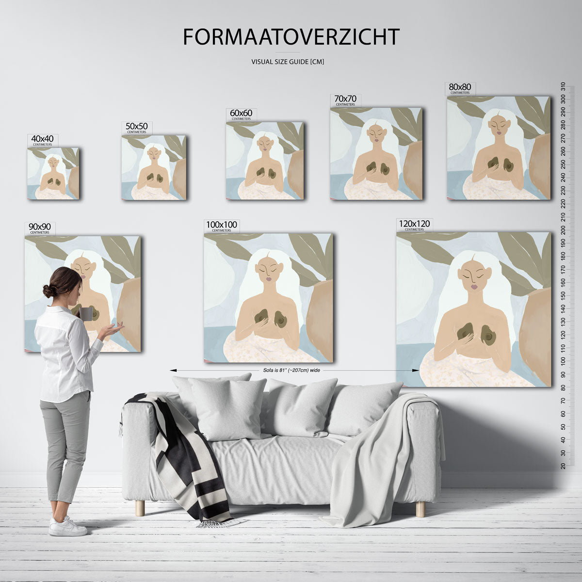 Vrouw met bladeren – vierkante muurposter met kleurrijke illustratie