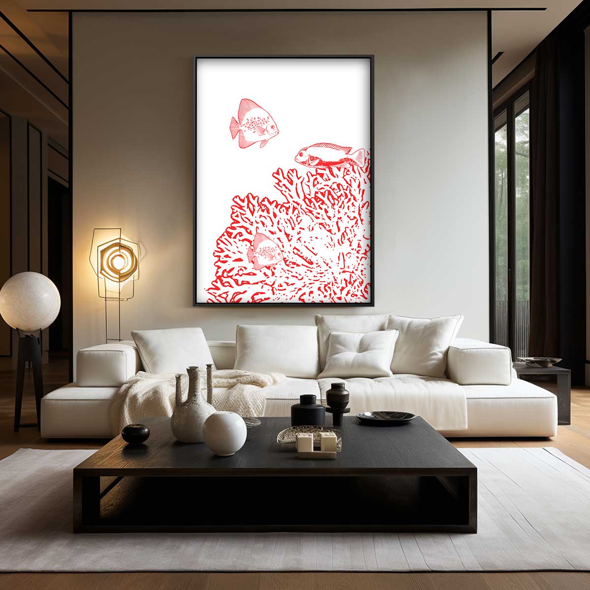 Onderwateravontuur in Rood – kunstwerk met zwarte baklijst