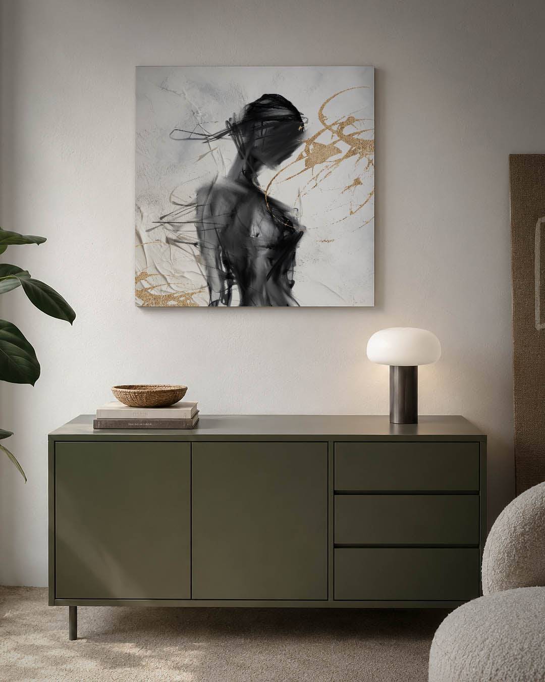 Dynamische vormen kunstwerk – detailweergave – dit werk toont een vloeiende compositie van zwarte en gouden lijnen op een
