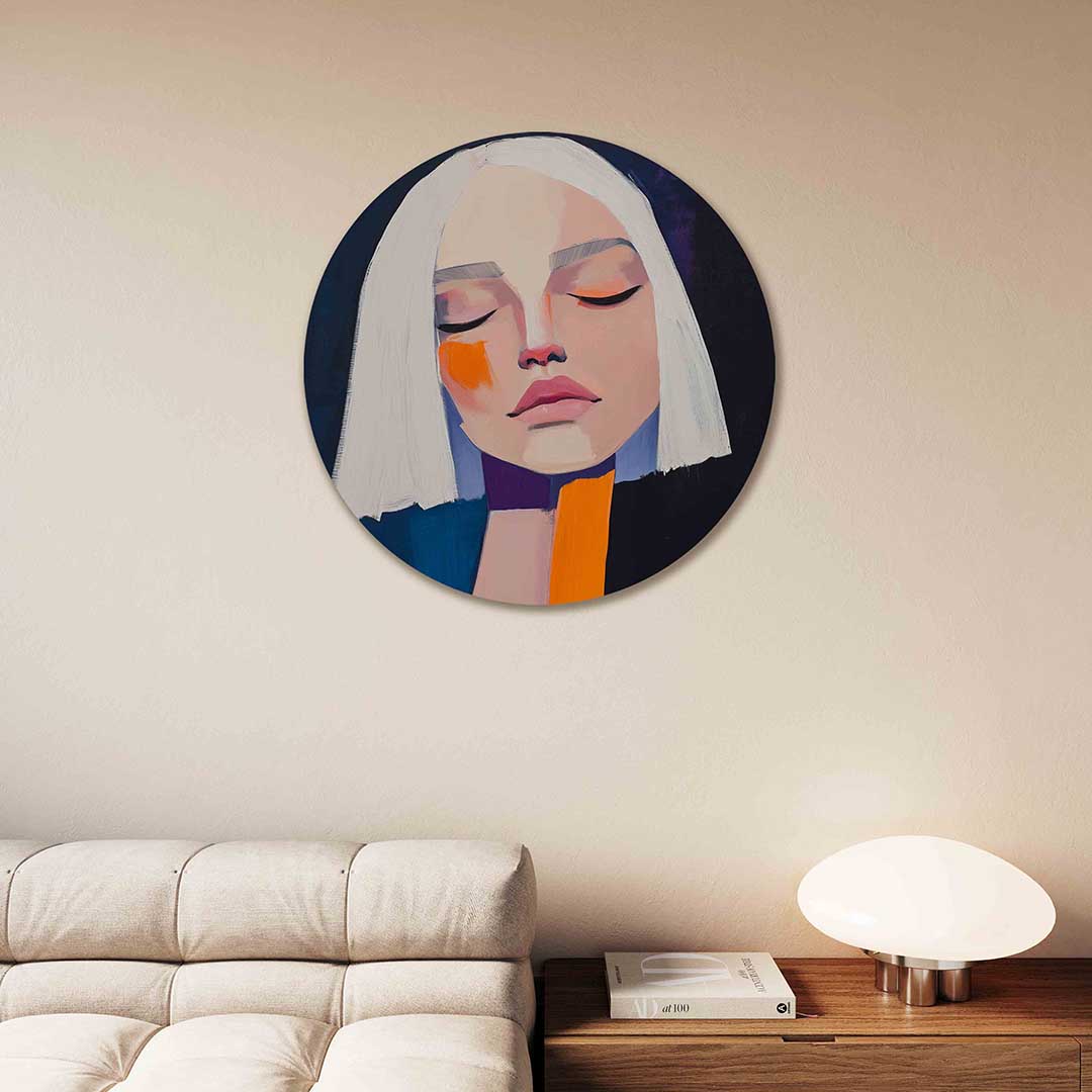 Portret met witte haren – moderne abstracte muurcirkel voor aan de muur