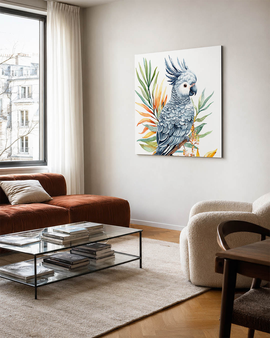 Vrolijke papegaai kunstwerk – vierkante wanddecoratie – dit werk toont een gedetailleerde papegaai met levendige bladeren. De