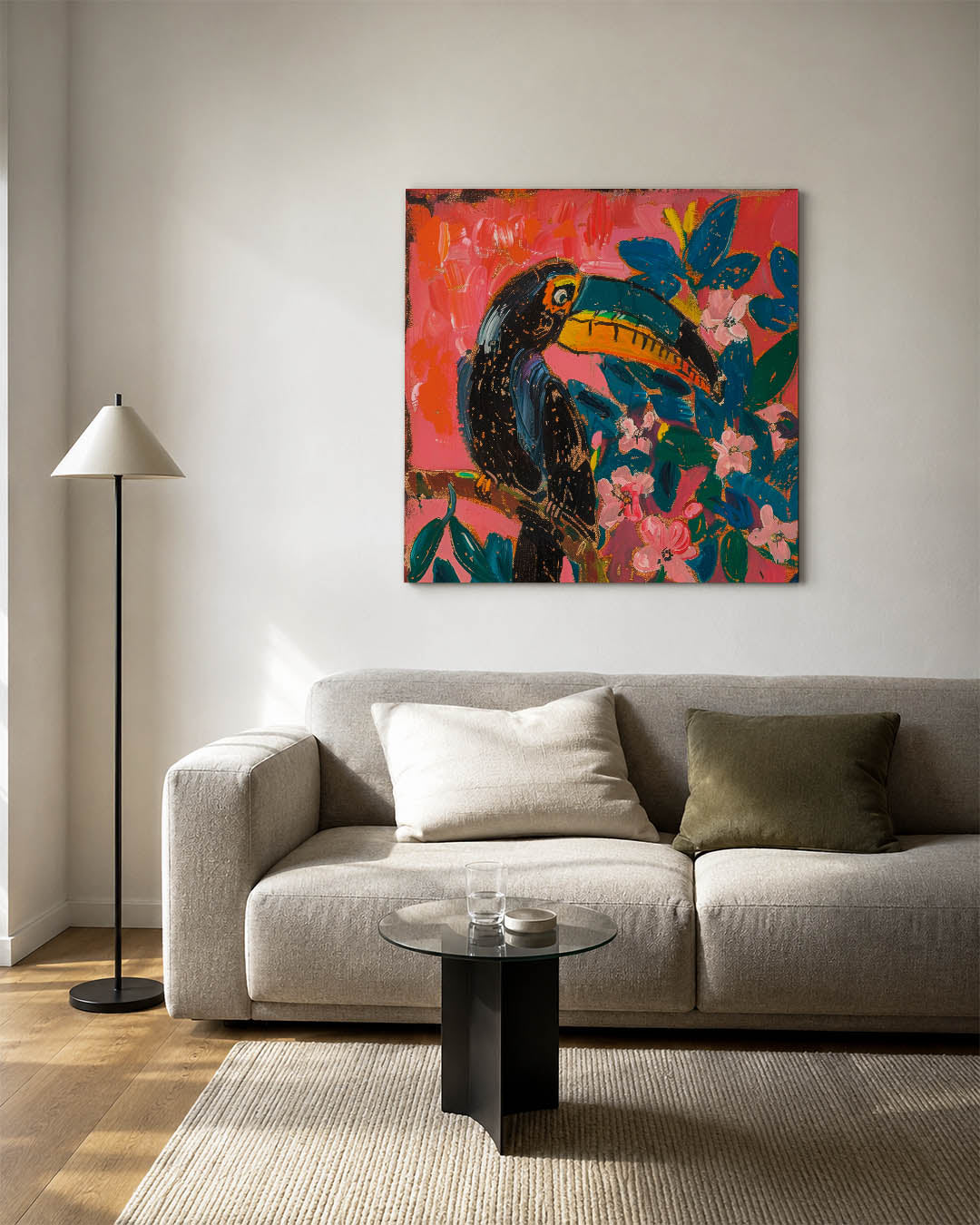 Vrolijke toekan kunstwerk – detailweergave – dit kunstwerk toont een kleurrijke toekan te midden van levendige bloemen en