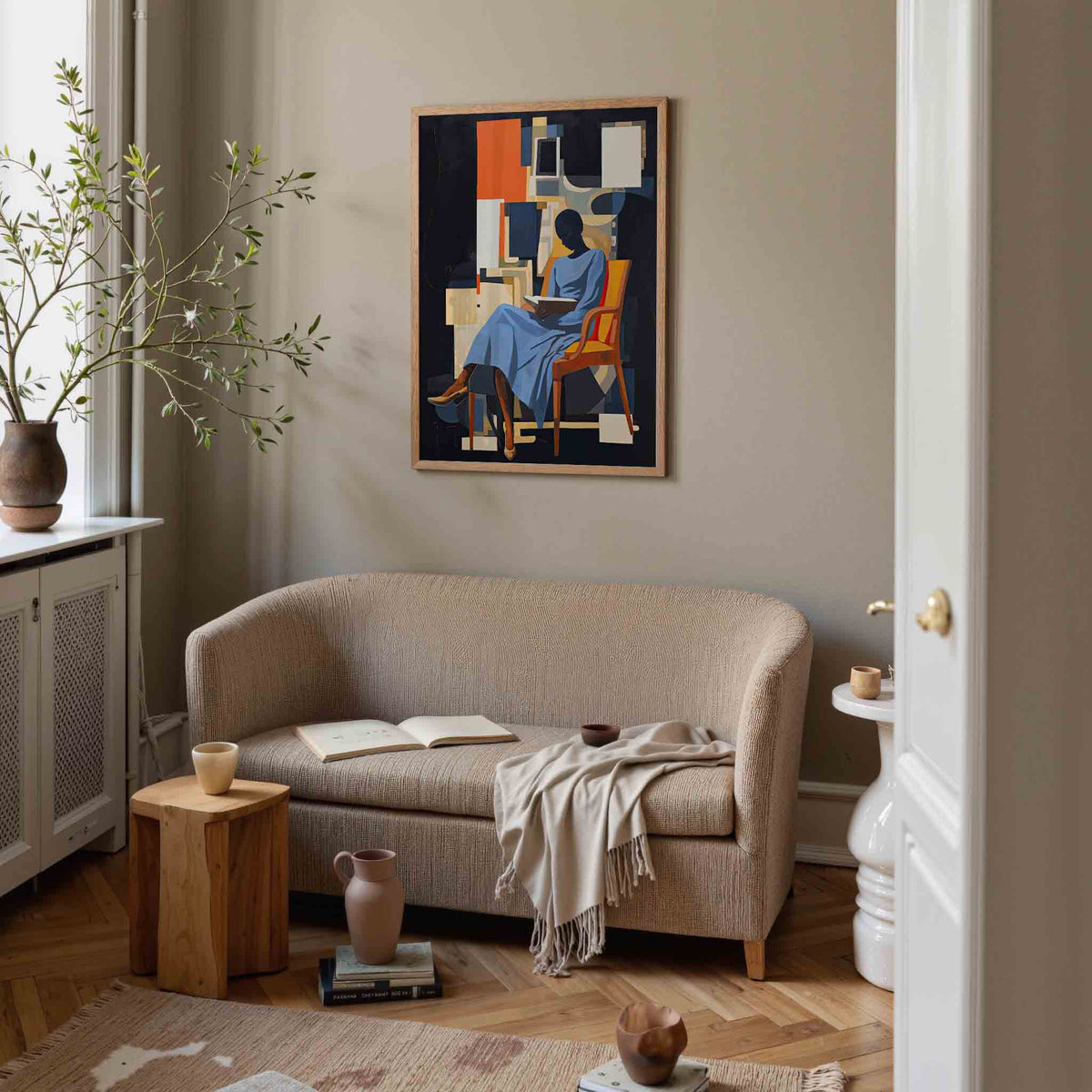 Lezende vrouw in stoel – botanische poster in staand formaat