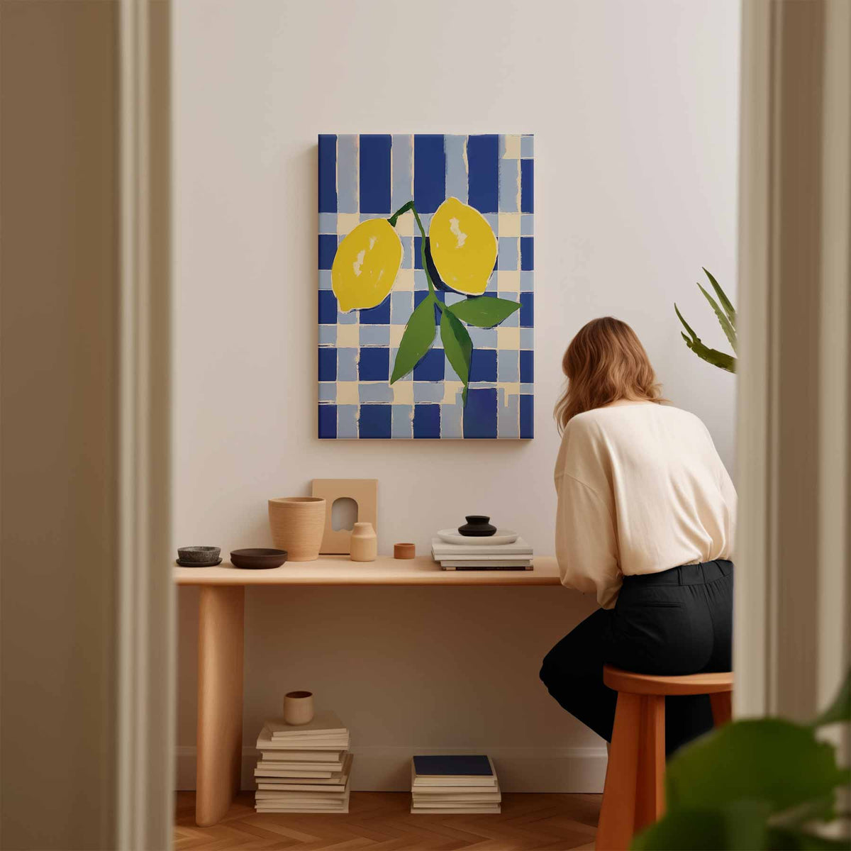 Zonnige Citroenen op Blauwe Schachtdoeken – plexiglas kunstwerk als wanddecoratie