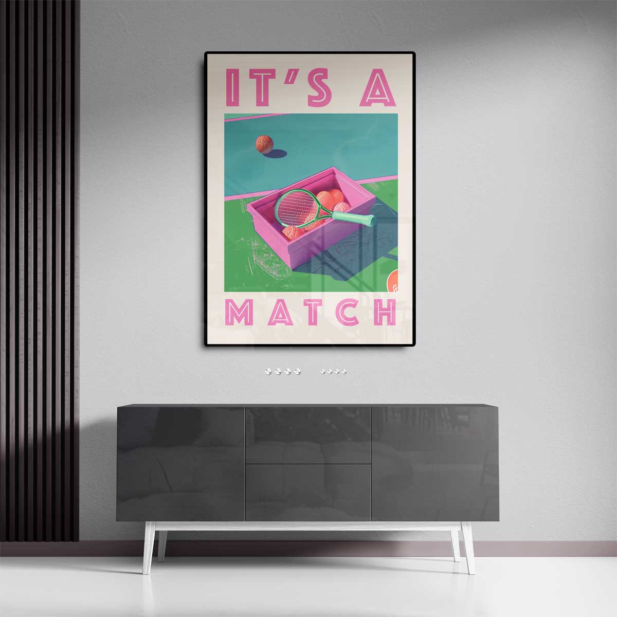It's a Match - Retro Tennis – kunstwerk met zwarte baklijst