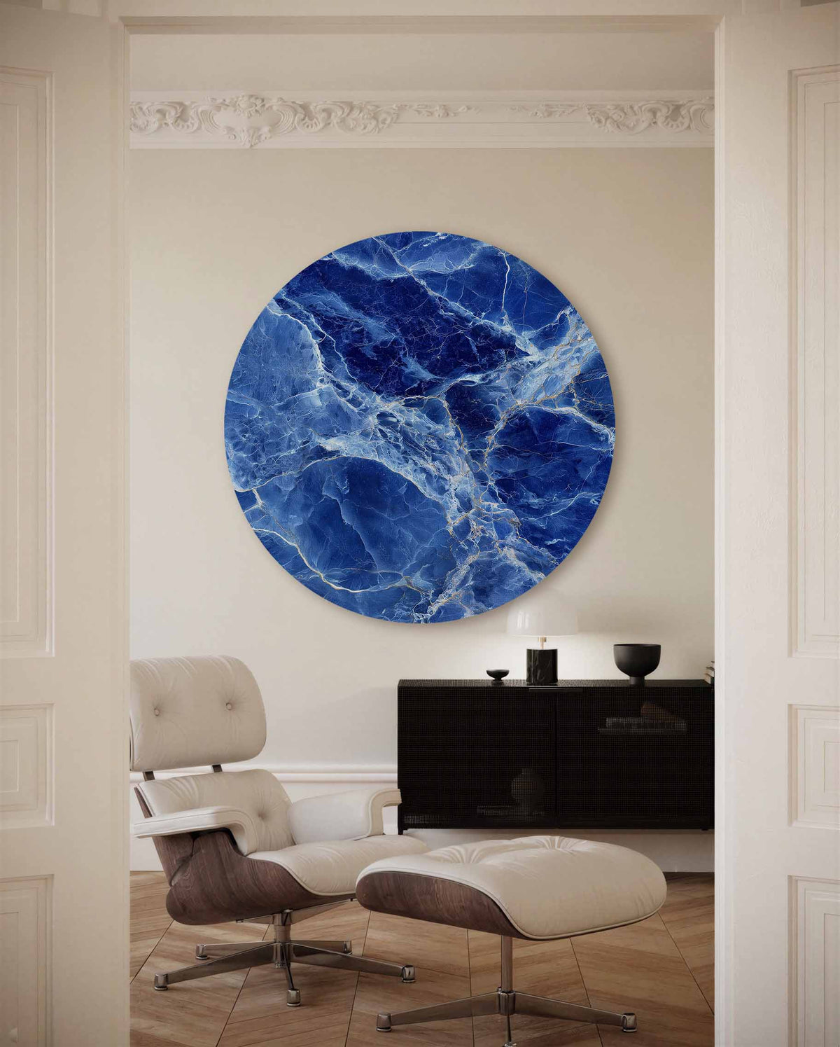 Blauwe marmerstructuur – moderne abstracte muurcirkel voor aan de muur