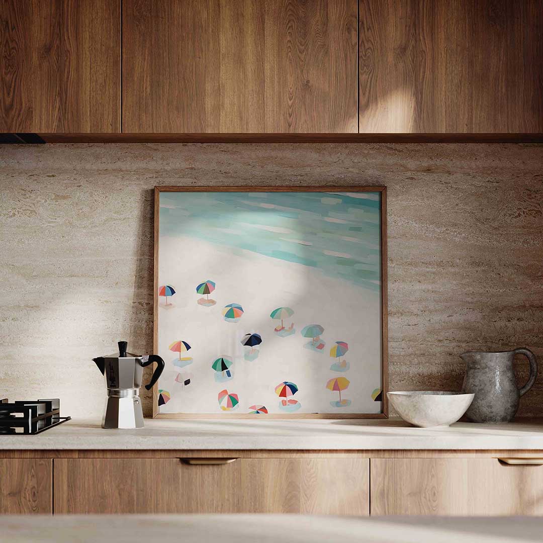 Strand met parasols – culinaire wandkunst als vierkante poster