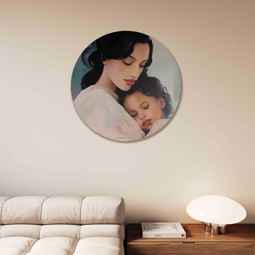 Moeder en kind – portret muurcirkel als ronde muurdecoratie
