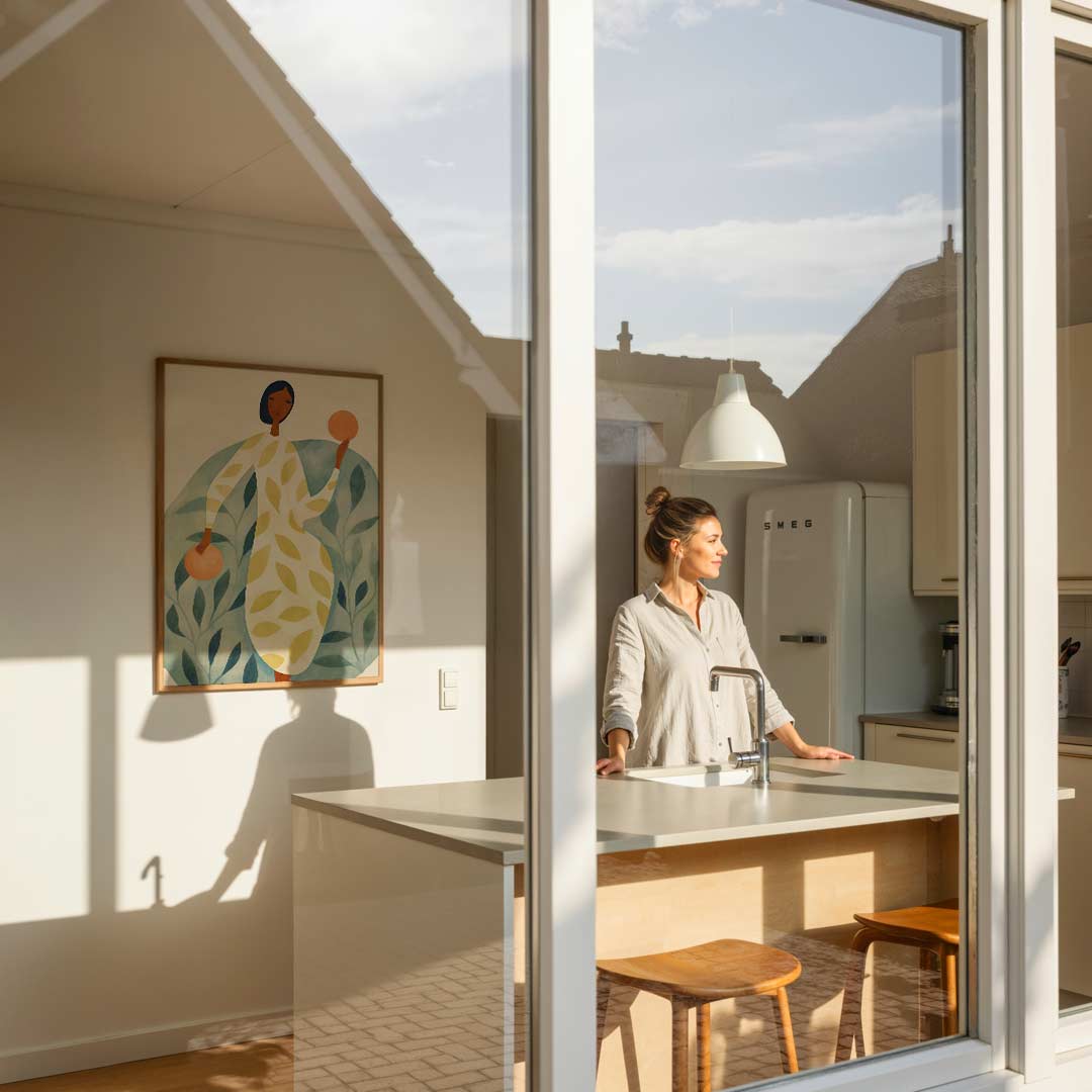 Moderne kunst vrouw met oranje accenten – vrouwelijke portretposter in staand formaat