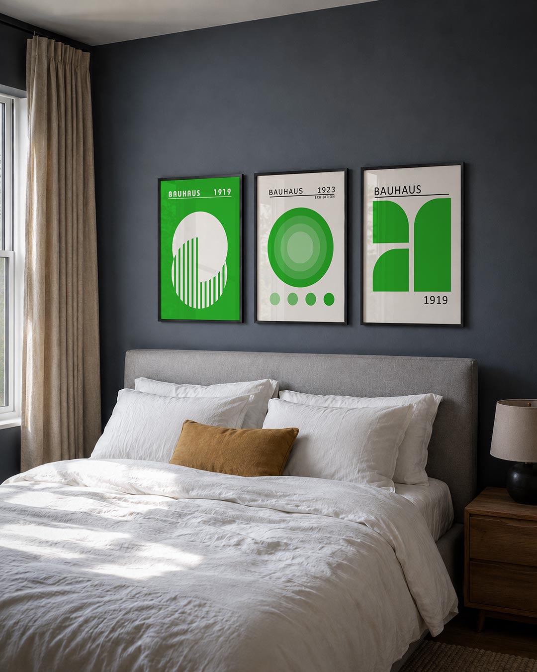 Cirkel en strepen posterset – detailweergave – een groene achtergrond met een witte cirkel. Binnen de cirkel zijn verticale