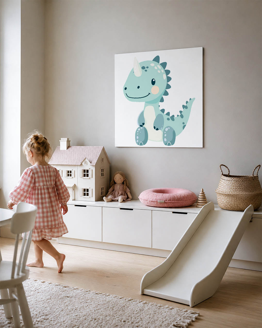 Vrolijke dino illustratie kunstwerk – tweede productweergave – dit werk toont een schattige dinosaurus met een vriendelijke
