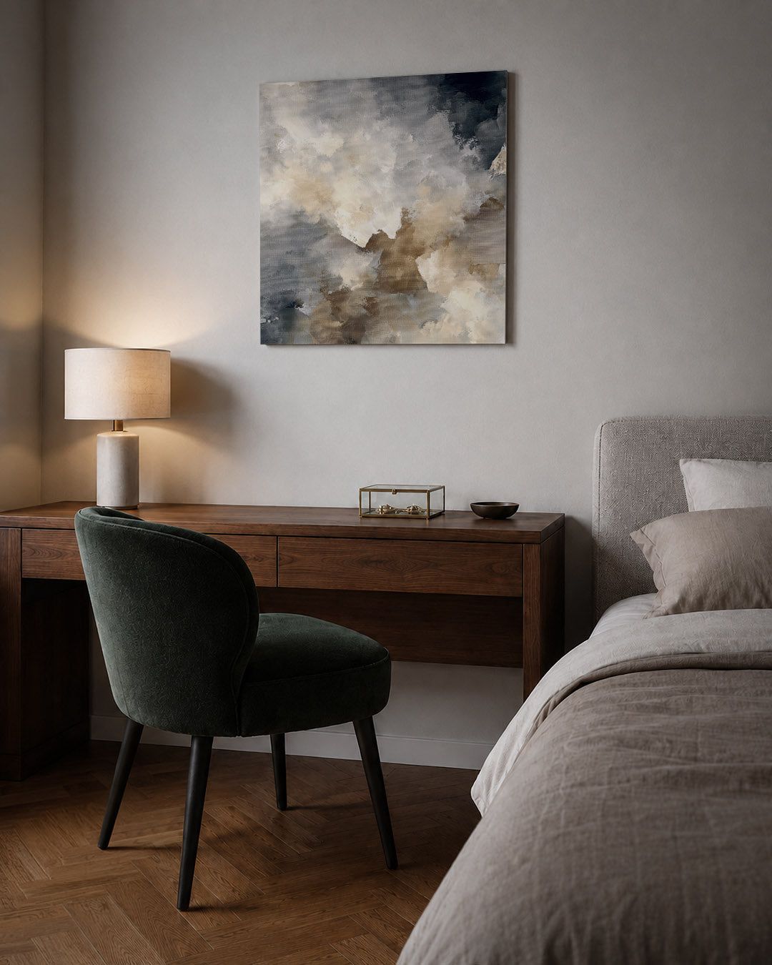 Dromerige kleurencompositie kunstwerk – sfeerbeeld – dit kunstwerk toont een vloeiende mix van beige en grijs tinten, met