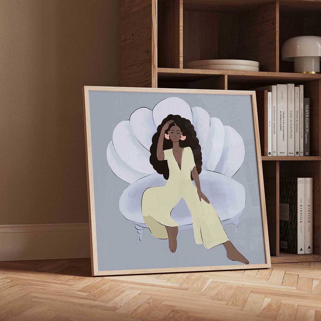 Vrouw op schelp – geïllustreerde wandkunst als vierkante poster