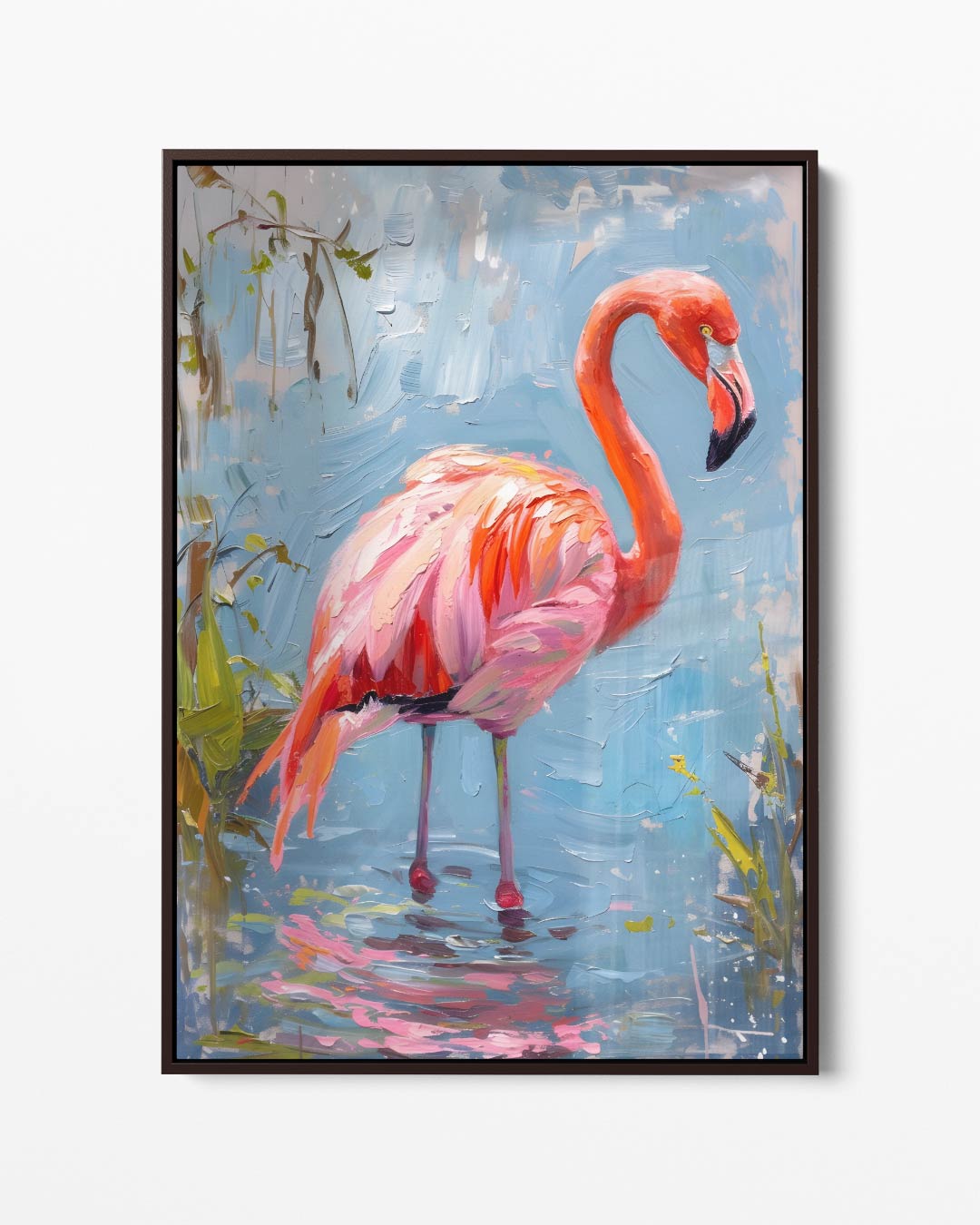 Flamingo op Blauw Canvas – portret kunstwerk als wanddecoratie