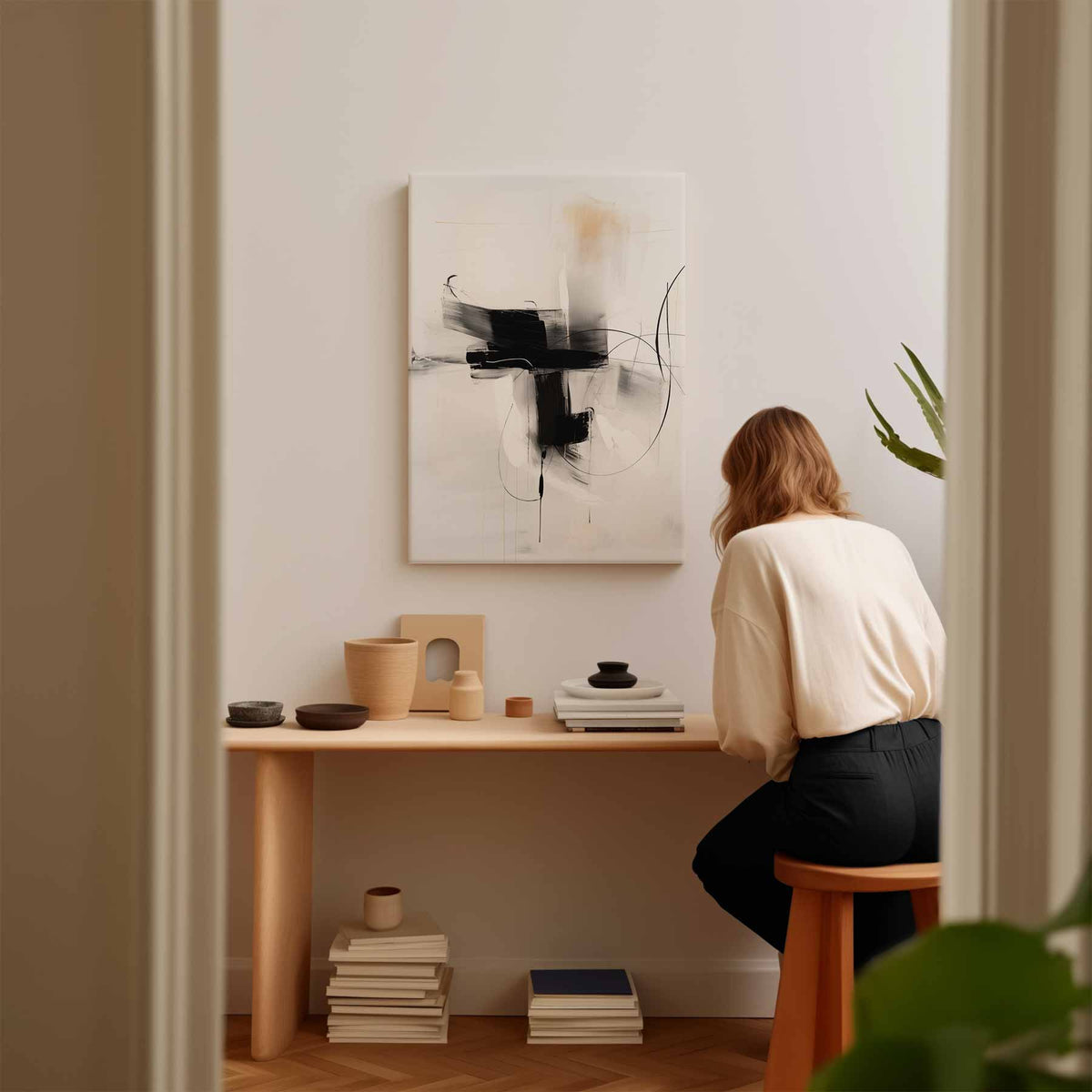 Dynamisch Abstract Zwart-Wit Schilderij – modern portret kunstwerk van WallArtistic