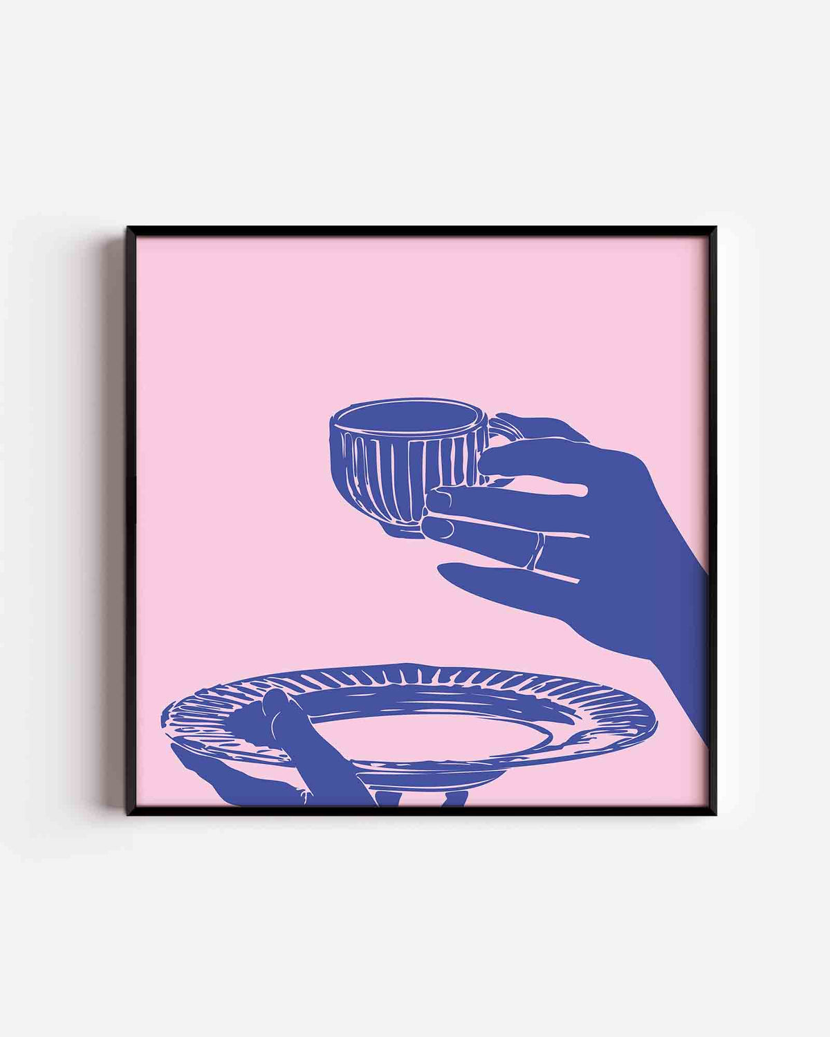 Handen met kop en schotel – vierkante poster met kleur en vormen als wanddecoratie