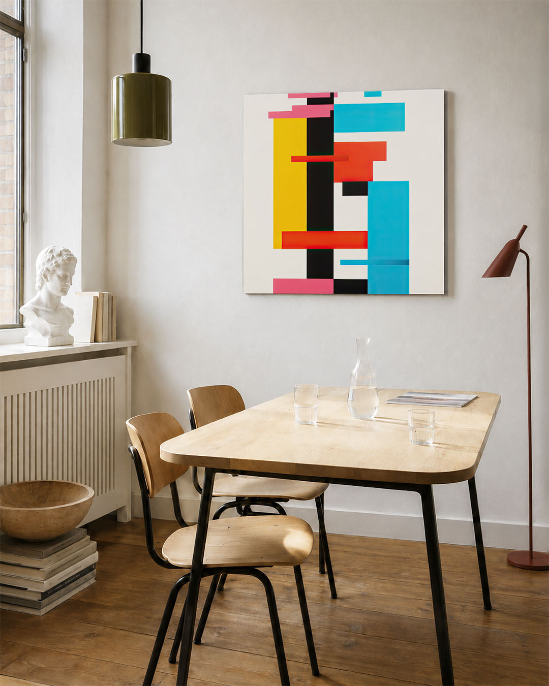Geometrische kleurencompositie kunstwerk – vierkante wanddecoratie – dit werk toont een dynamische compositie van rechthoeken