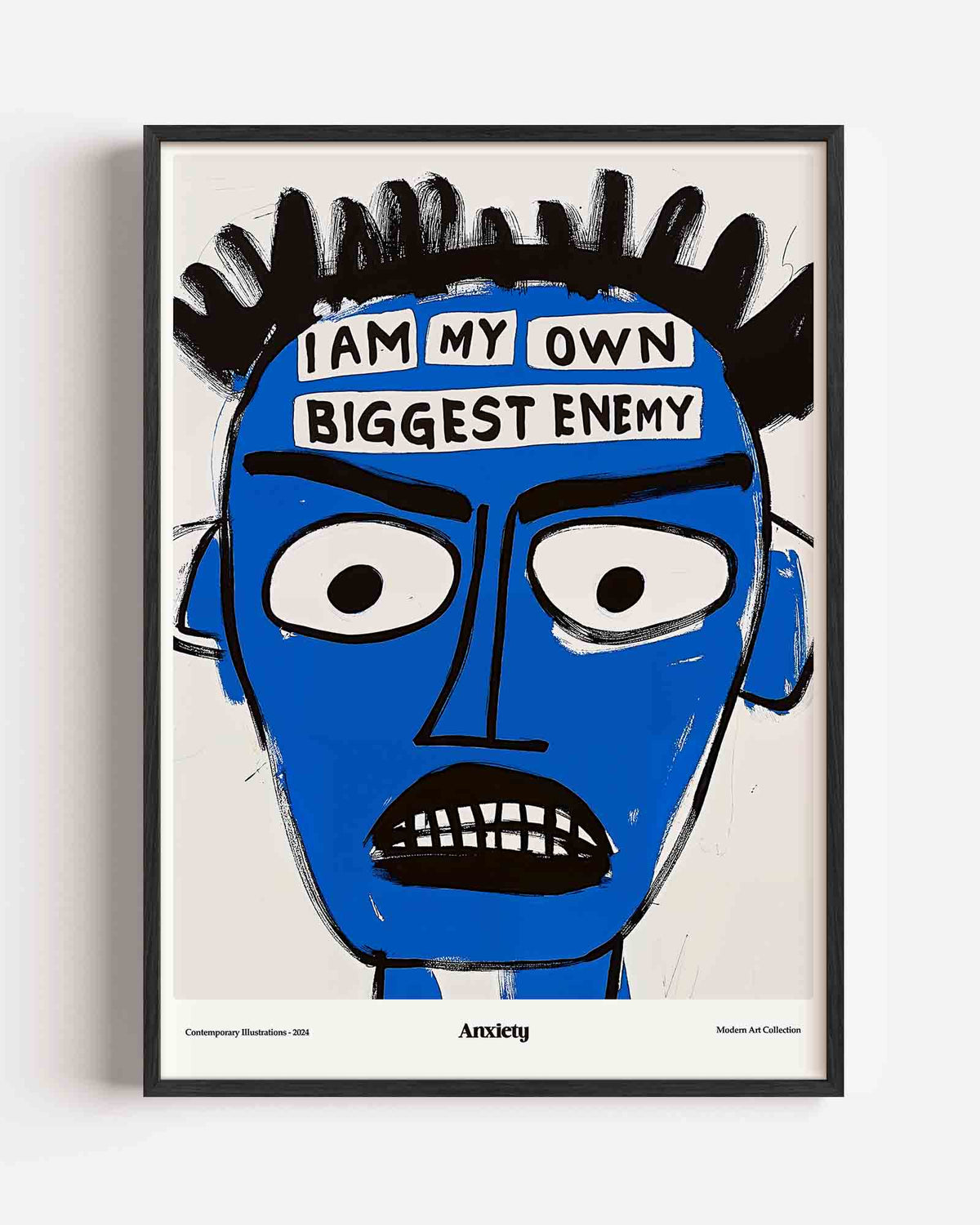 Blauw gezicht met tekst – Pop Art en Streetart portret poster als wanddecoratie