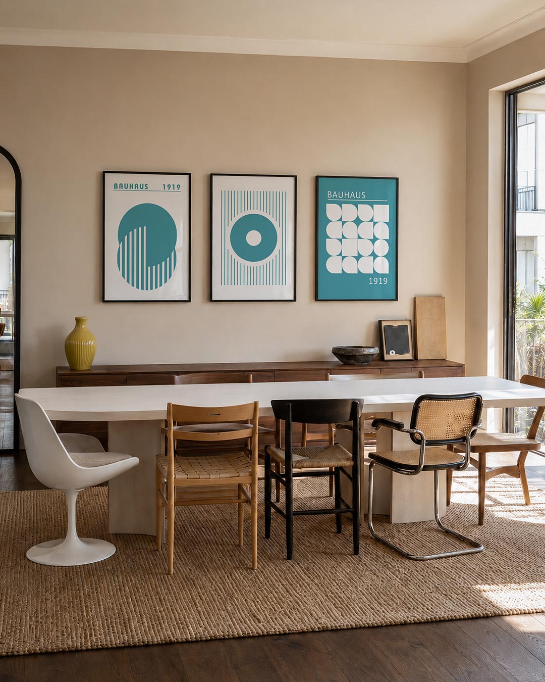 Cirkel en strepen driedelige posterset – deze posterset in drie delen toont een grote blauwe cirkel met verticale witte