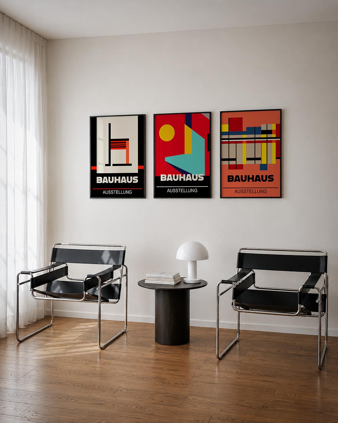 Lijnen en kleurvlakken driedelige posterset – deze posterset in drie delen toont een strak lijnenspel met zwarte en rode