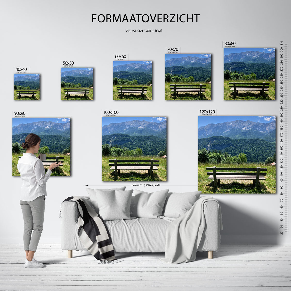 Berglandschap kunstwerk – materiaalweergave – een houten bankje staat voor een uitgestrekt berglandschap met groene bossen en