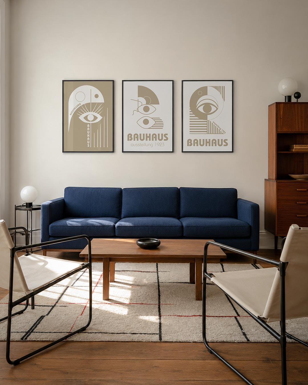 Oog en lijnen driedelige posterset – een beige achtergrond met witte vormen. Een centraal oog met stralen en lijnen die naar