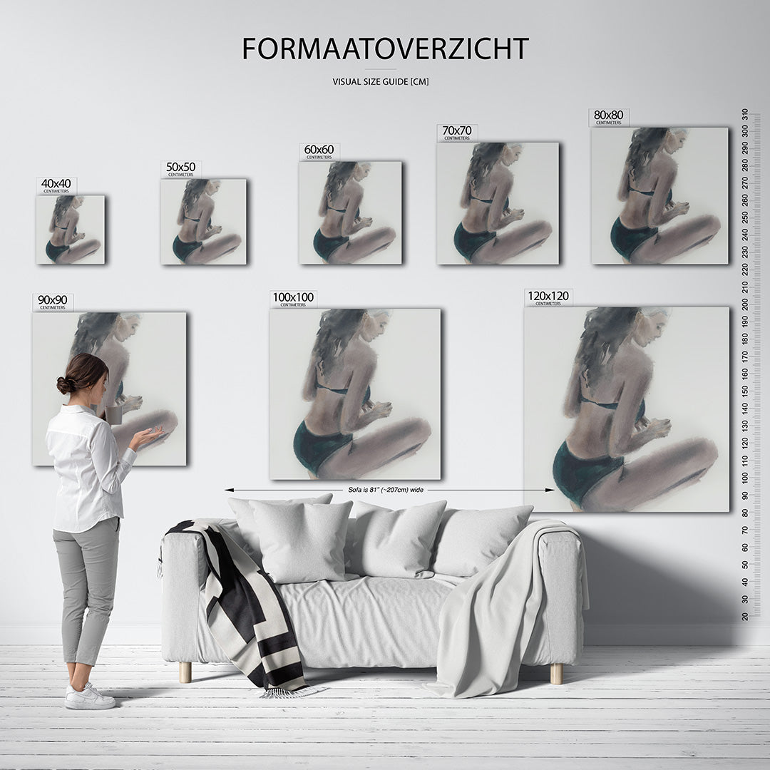Zittende vrouw studie kunstwerk – sfeerbeeld – dit kunstwerk toont een zittende vrouw in zachte tinten, met vloeiende lijnen