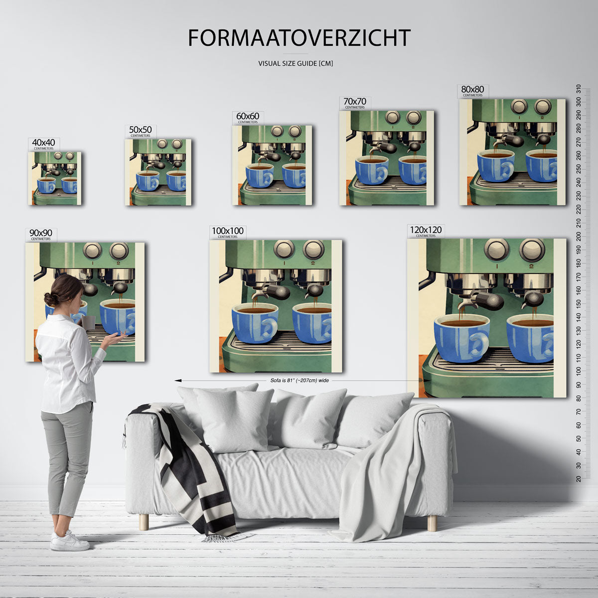 Koffiemachine met blauwe kopjes – vierkante muurposter voor keuken of eethoek