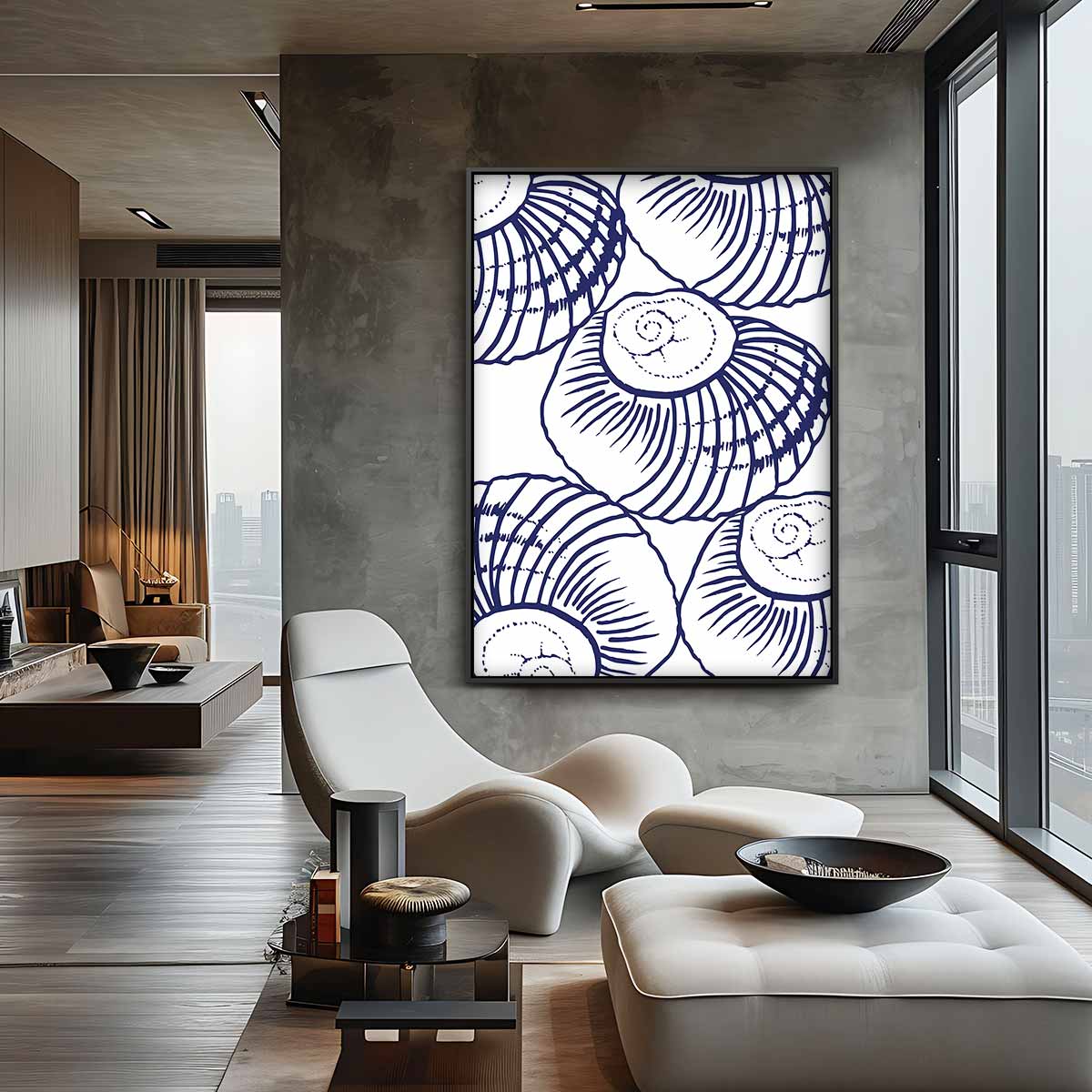 Blauwe Schelpen Illustratie – canvas wanddecoratie in portret formaat