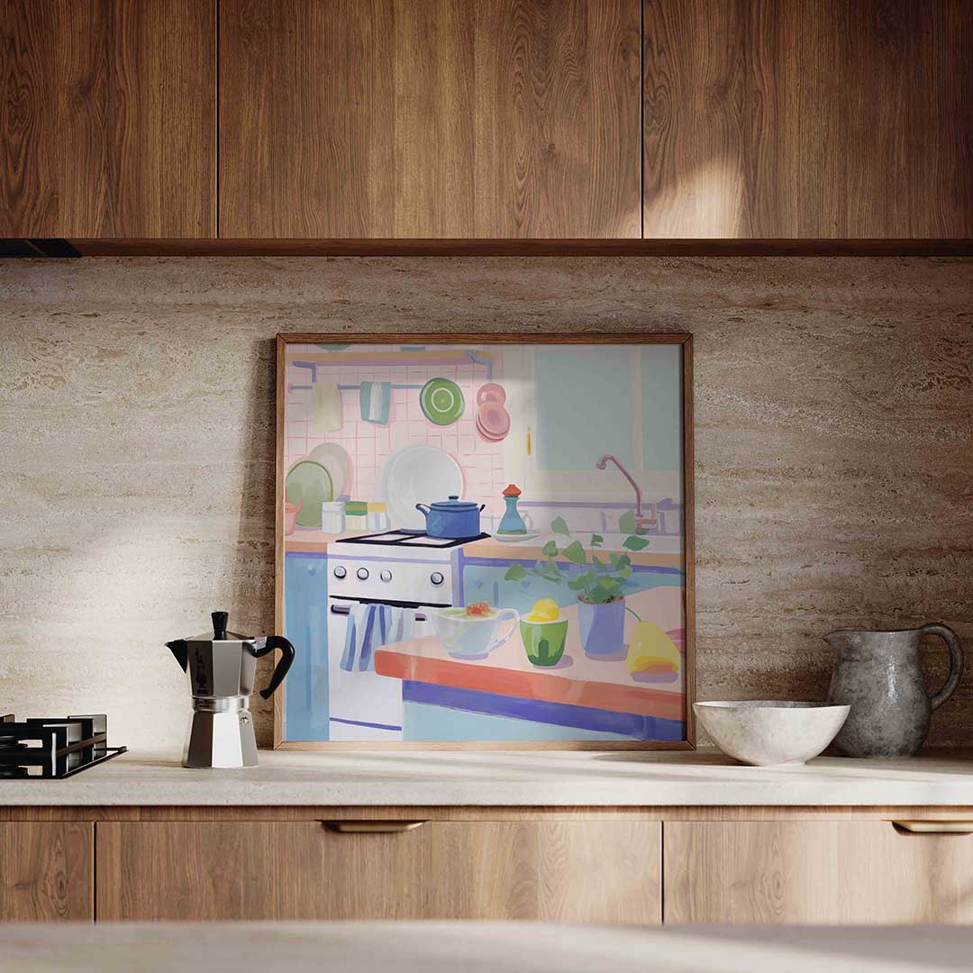 Keuken met servies – culinaire wandkunst als vierkante poster