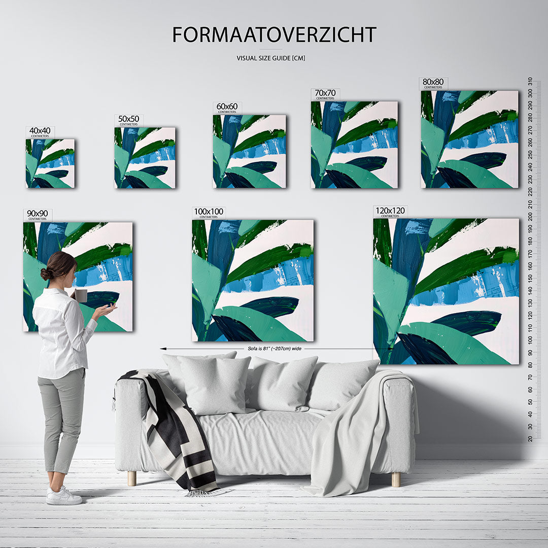 Dynamische kleurencompositie kunstwerk – sfeerbeeld – dit kunstwerk toont een levendige mix van groene en blauwe tinten, met
