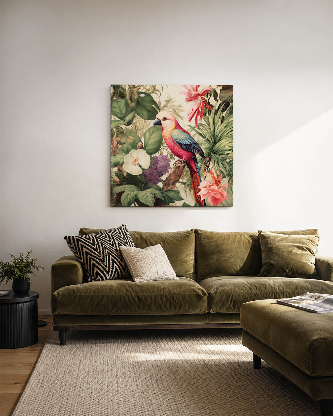 Exotische vogel en bloemen kunstwerk – sfeerbeeld – dit werk toont een kleurrijke vogel te midden van weelderige bloemen en