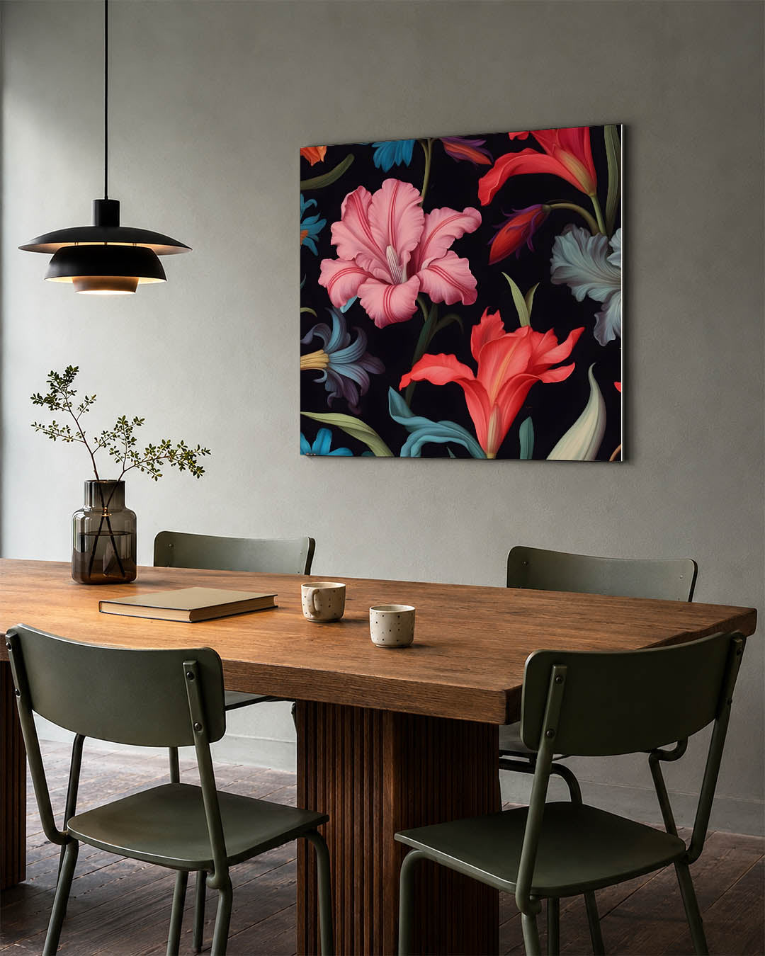 Bloemenpracht op zwart kunstwerk – tweede productweergave – dit kunstwerk toont levendige bloemen in roze, rood en blauw