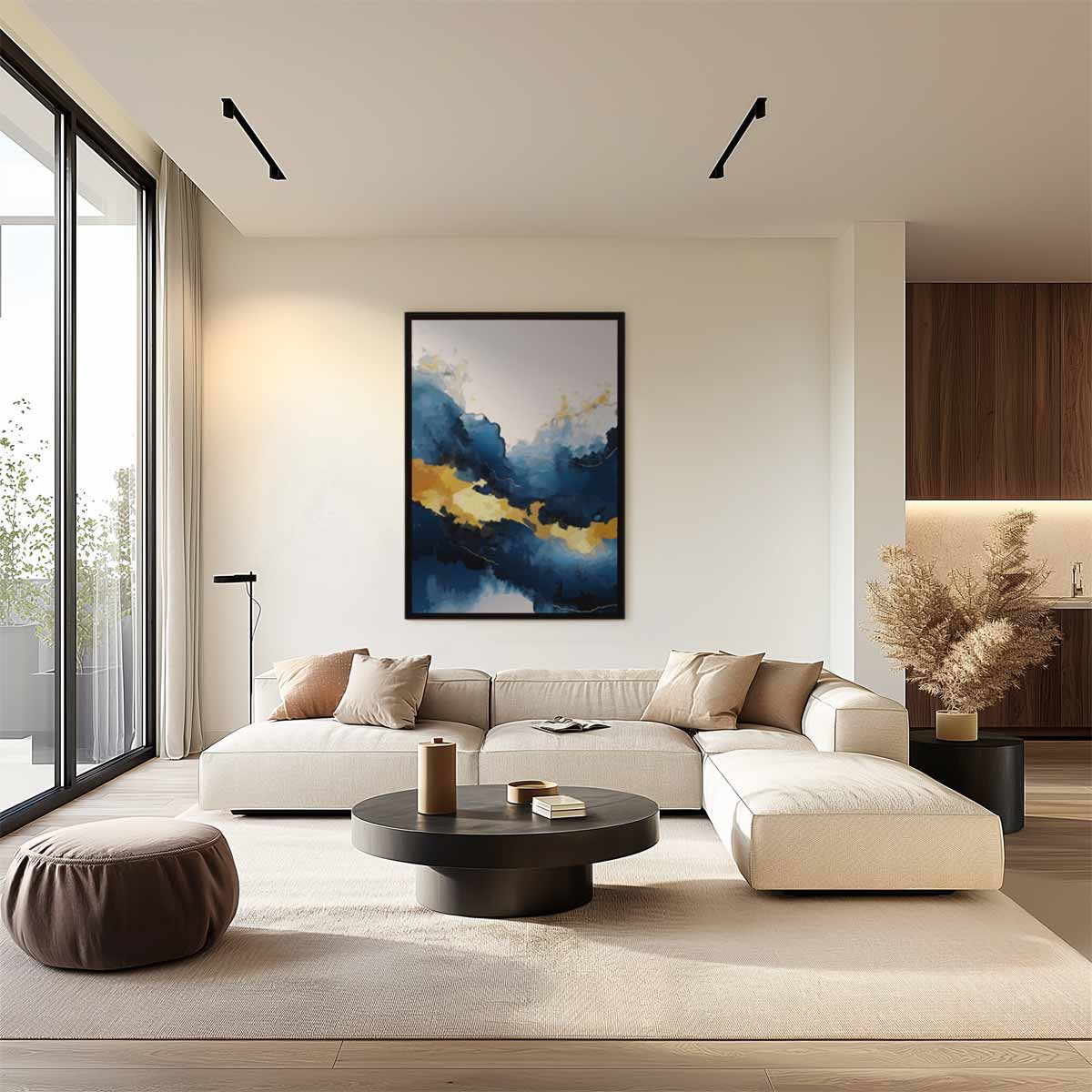 Blauw en Gouden Droomlandschap – plexiglas wanddecoratie in portret formaat
