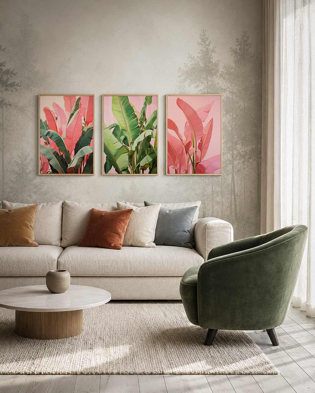 Bladpatroon en kleur driedelige posterset – deze posterset toont een levendig spel van roze en groene