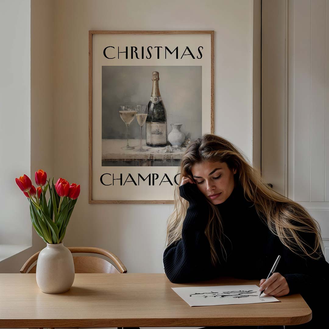 Elegante Kerstchampagne – feestelijke wandkunst als portret poster