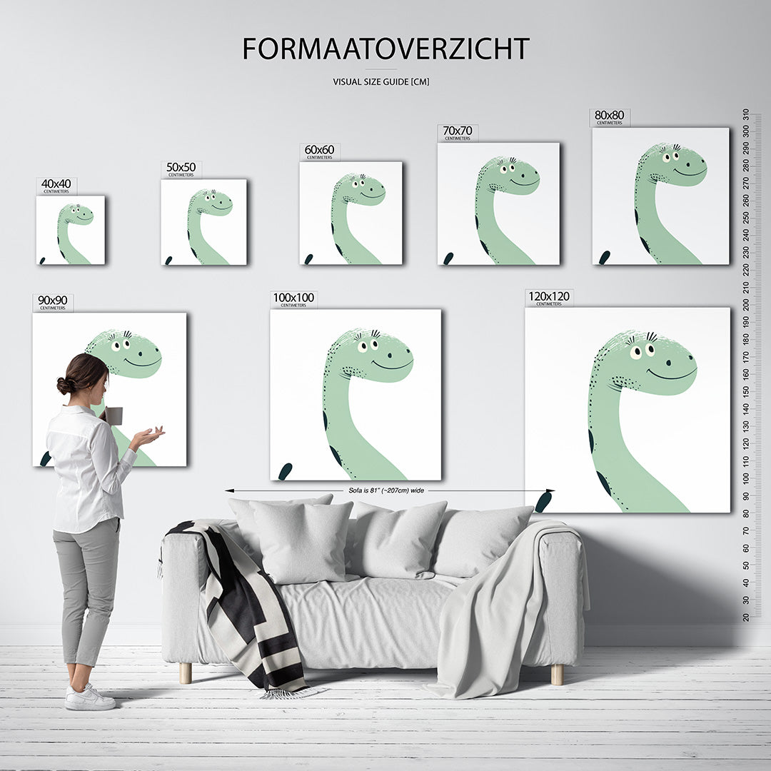 Vrolijke dinosaurus illustratie kunstwerk – sfeerbeeld – dit kunstwerk toont een lachende dinosaurus met een lange nek en