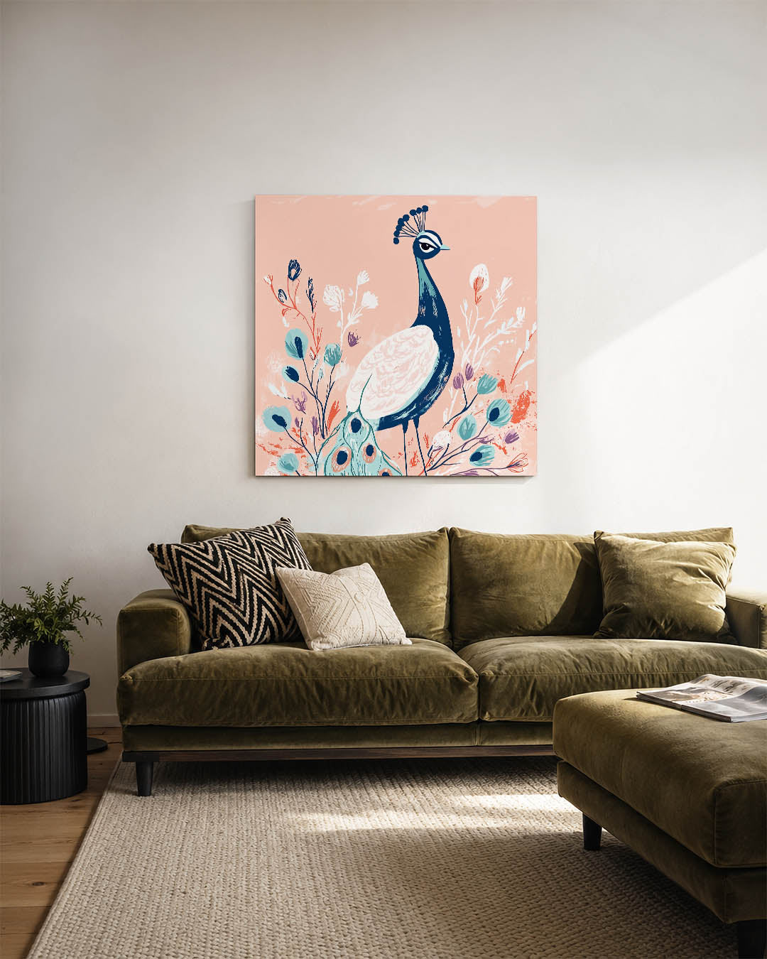 Vogels en bloemen kunstwerk – sfeerbeeld – dit werk toont een sierlijke vogel omringd door bloemen. De zachte kleuren en