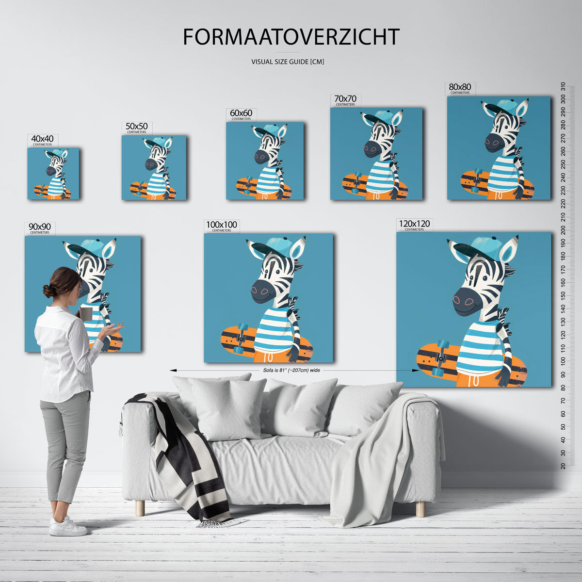 Zebra met skateboard – vierkante muurposter voor de kinderkamer